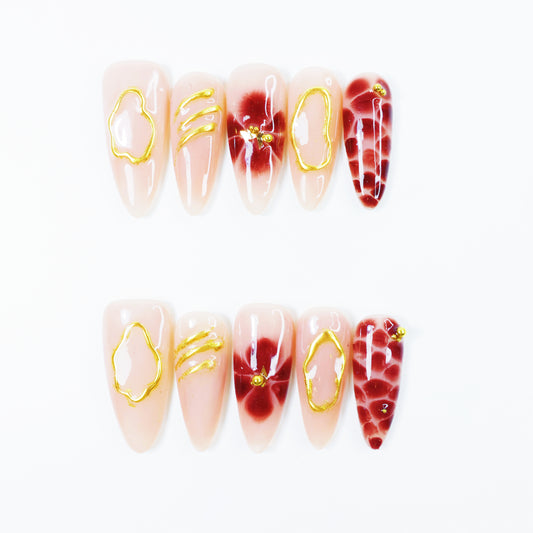 Wine Red Marble French Press-On Nails – Elegant Gold Outline Floral Nail Set for Women