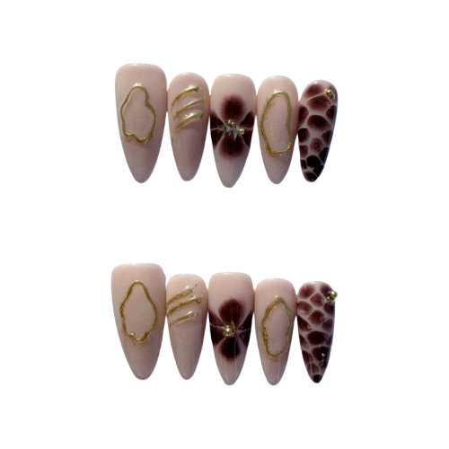 Wine Red Marble French Press-On Nails – Elegant Gold Outline Floral Nail Set for Women