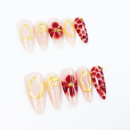 Wine Red Marble French Press-On Nails – Elegant Gold Outline Floral Nail Set for Women