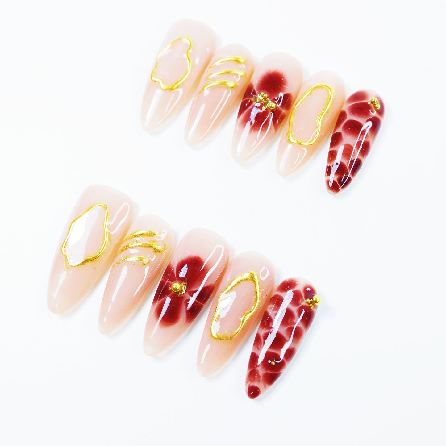 Wine Red Marble French Press-On Nails – Elegant Gold Outline Floral Nail Set for Women