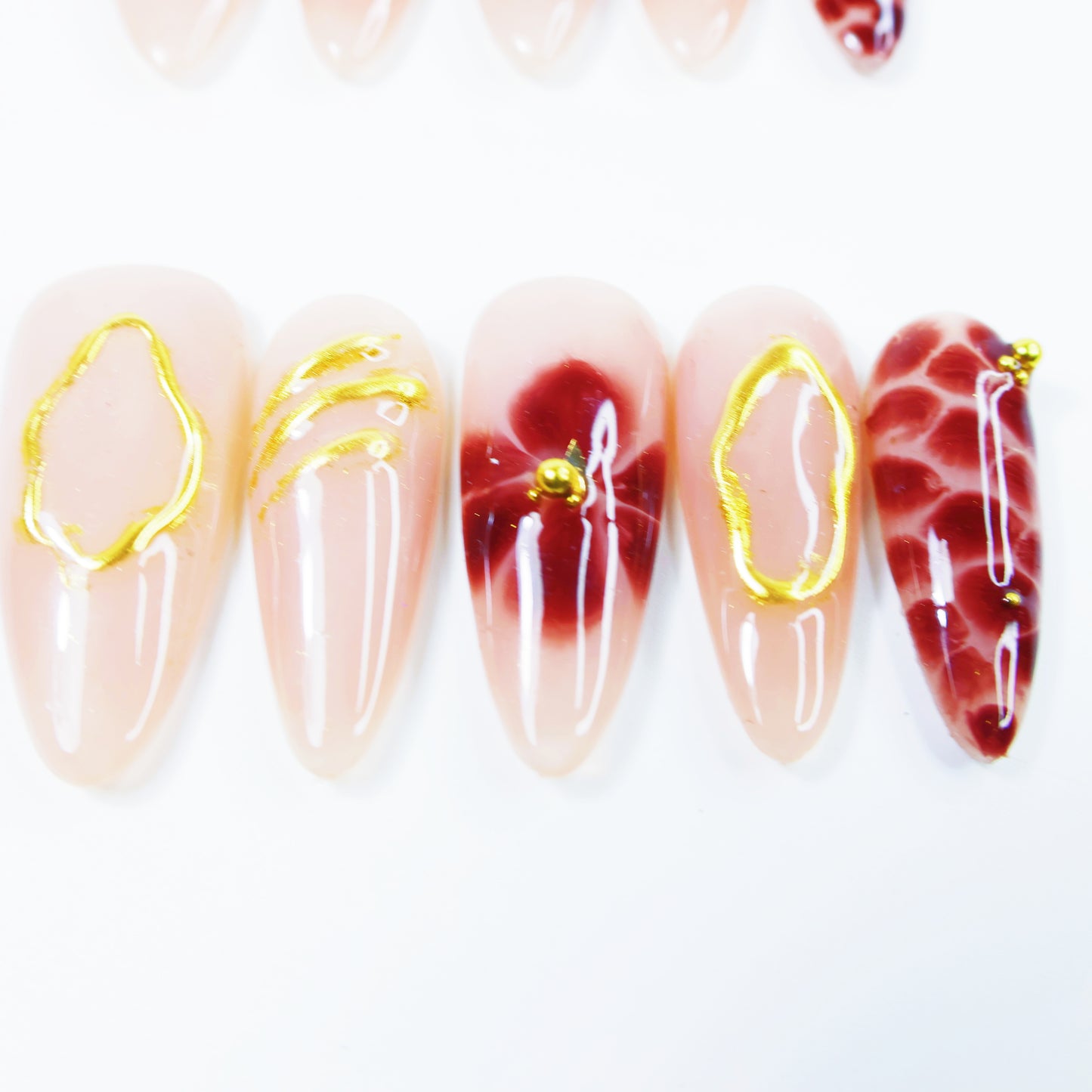 Wine Red Marble French Press-On Nails – Elegant Gold Outline Floral Nail Set for Women