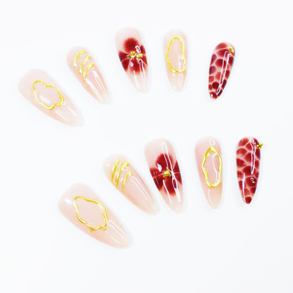 Wine Red Marble French Press-On Nails – Elegant Gold Outline Floral Nail Set for Women