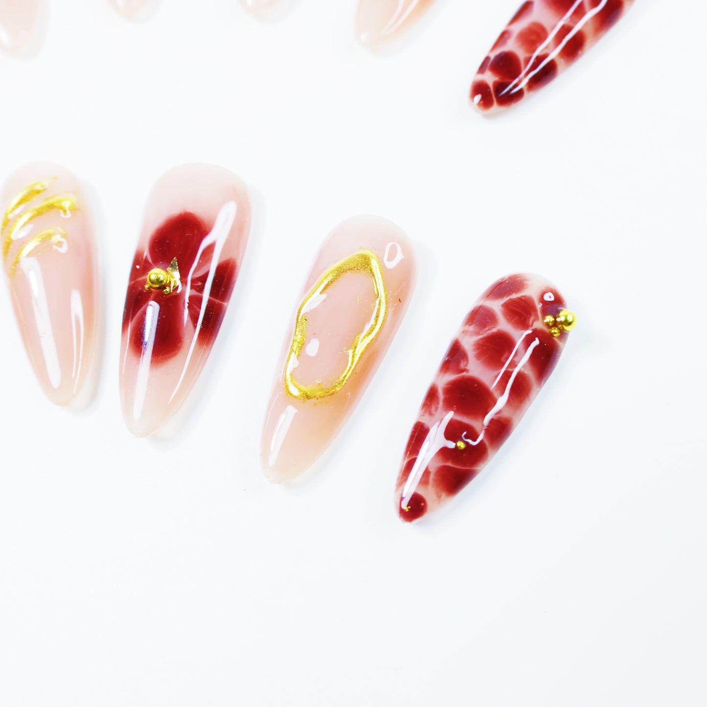 Wine Red Marble French Press-On Nails – Elegant Gold Outline Floral Nail Set for Women