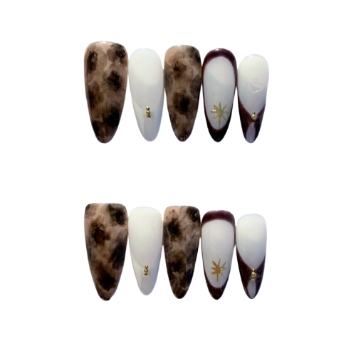 Amber Tortoise & Wine Red French Press-On Nails – Elegant Star Design Nail Set for Women