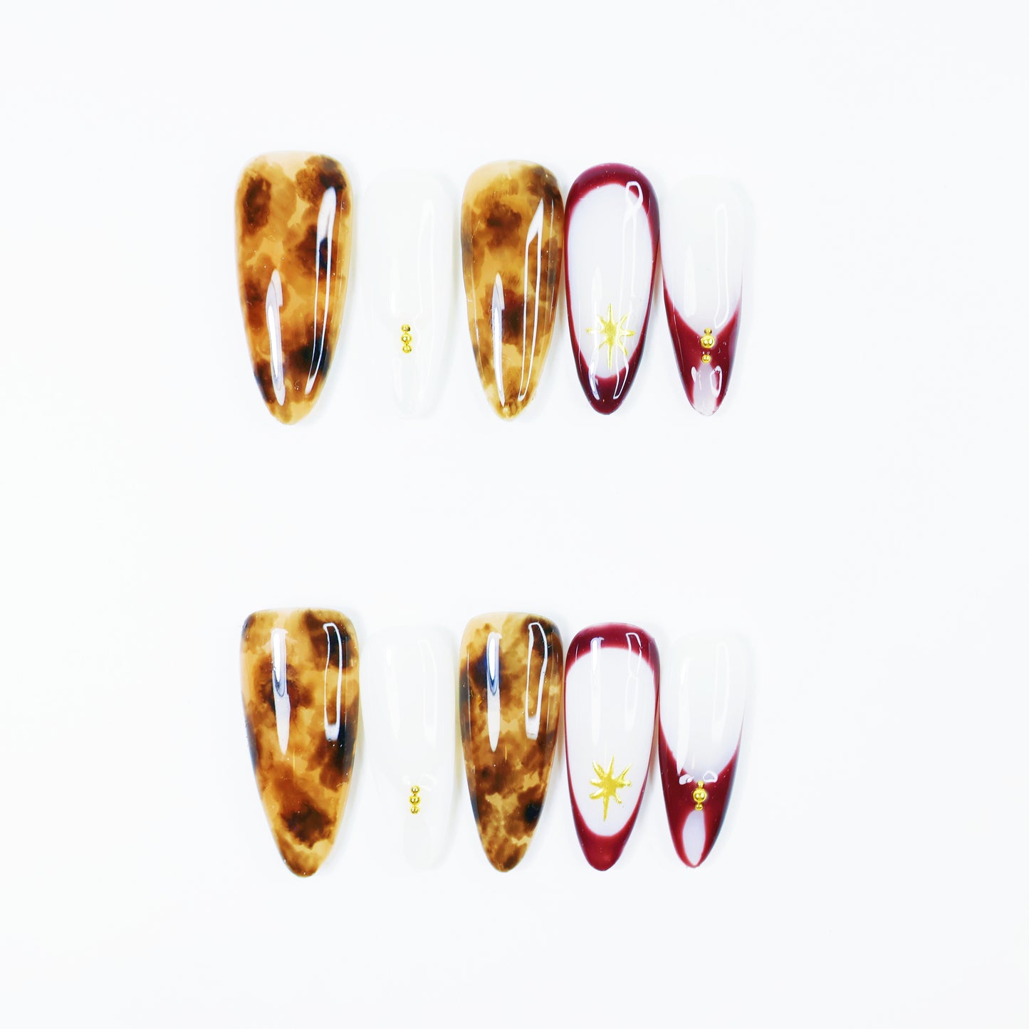 Amber Tortoise & Wine Red French Press-On Nails – Elegant Star Design Nail Set for Women