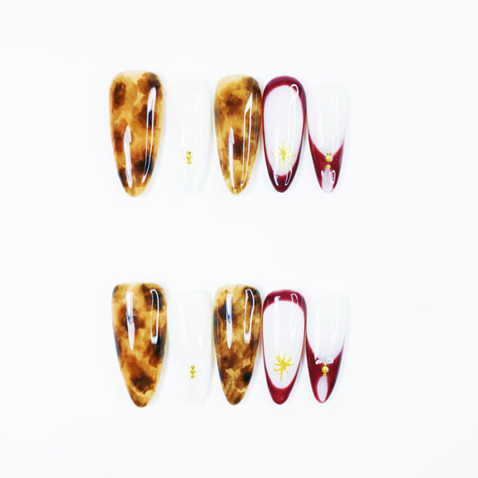 Amber Tortoise & Wine Red French Press-On Nails – Elegant Star Design Nail Set for Women
