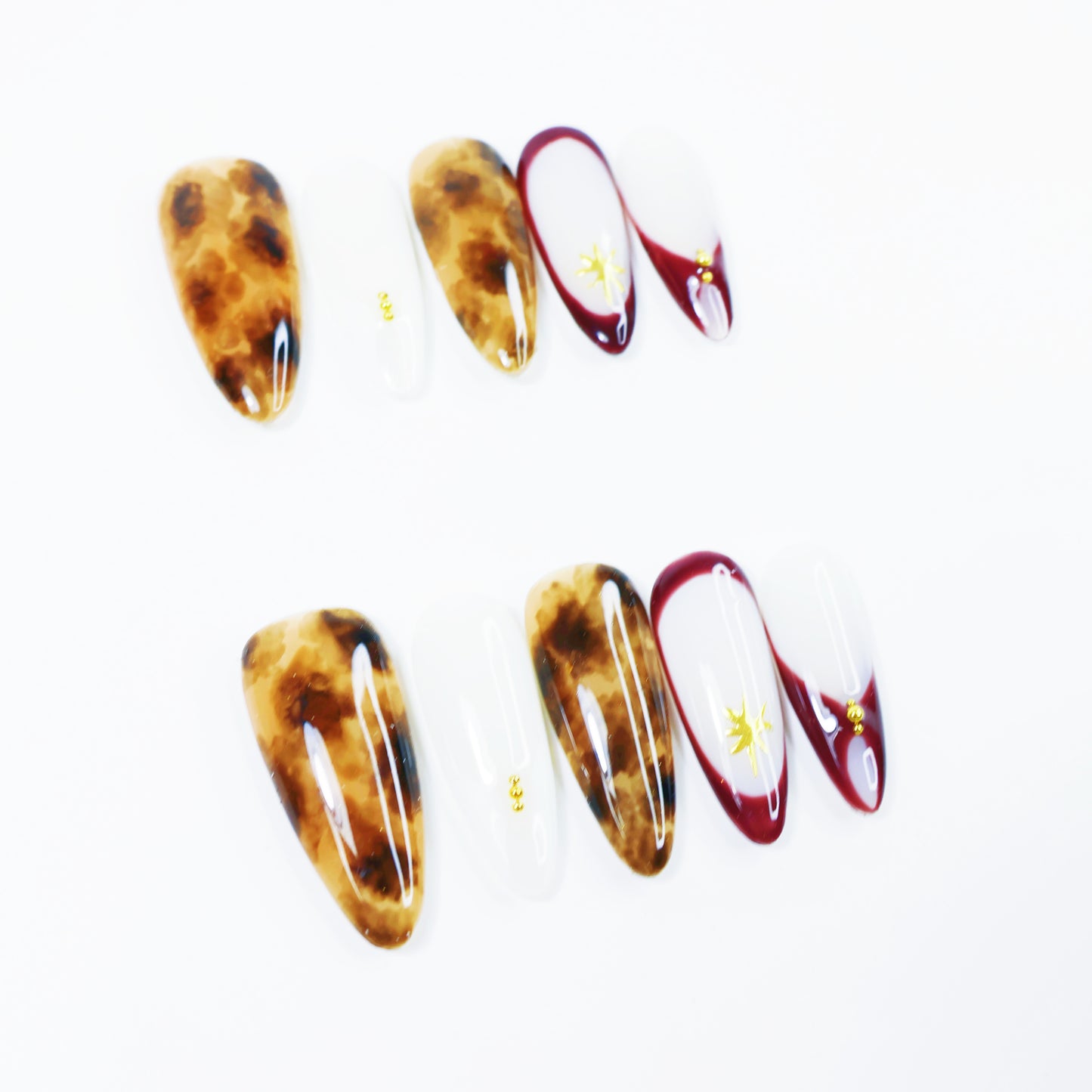Amber Tortoise & Wine Red French Press-On Nails – Elegant Star Design Nail Set for Women
