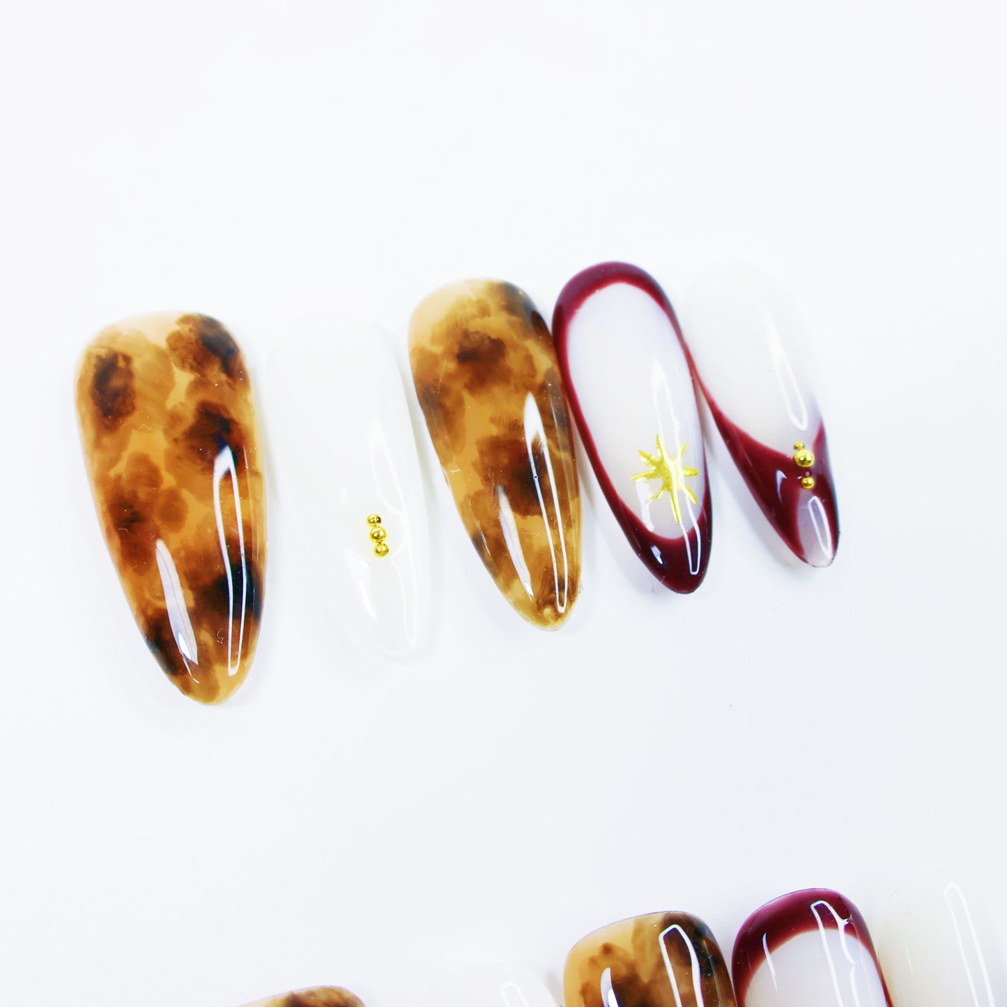 Amber Tortoise & Wine Red French Press-On Nails – Elegant Star Design Nail Set for Women