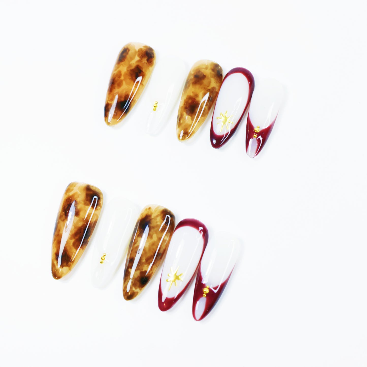 Amber Tortoise & Wine Red French Press-On Nails – Elegant Star Design Nail Set for Women