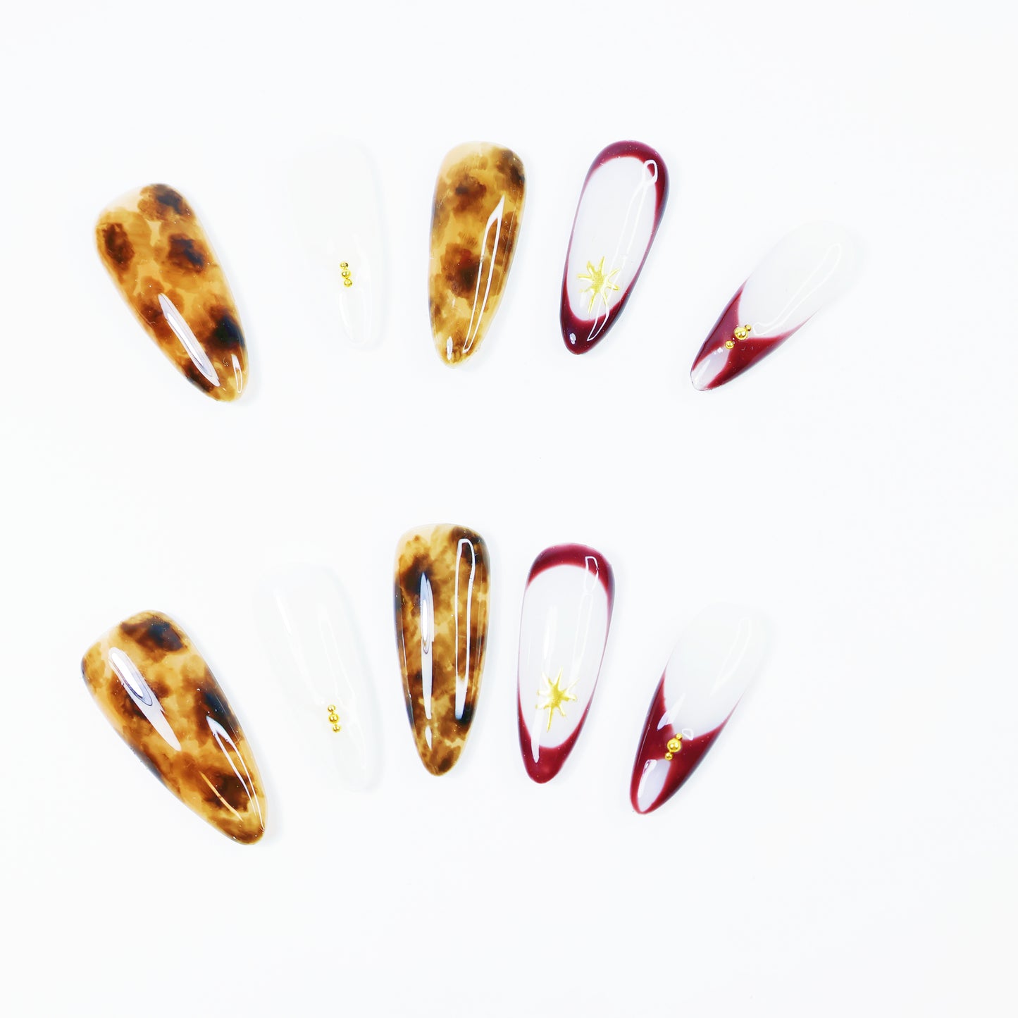 Amber Tortoise & Wine Red French Press-On Nails – Elegant Star Design Nail Set for Women