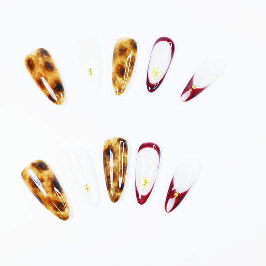 Amber Tortoise & Wine Red French Press-On Nails – Elegant Star Design Nail Set for Women