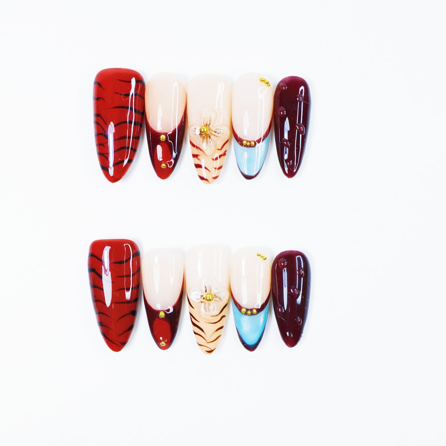 Red Tiger French Press-On Nails – Chic Gradient Nail Set with Blue Tips and 3D Floral Charm