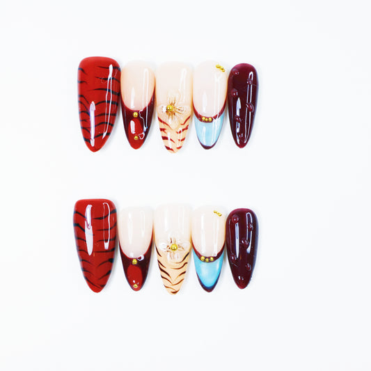 Red Tiger French Press-On Nails – Chic Gradient Nail Set with Blue Tips and 3D Floral Charm