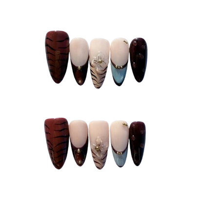 Red Tiger French Press-On Nails – Chic Gradient Nail Set with Blue Tips and 3D Floral Charm