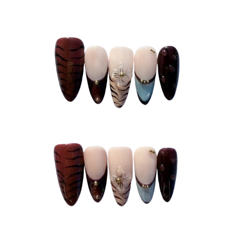 Red Tiger French Press-On Nails – Chic Gradient Nail Set with Blue Tips and 3D Floral Charm