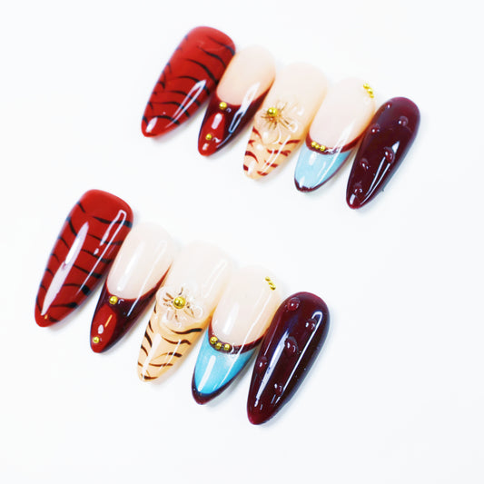 Red Tiger French Press-On Nails – Chic Gradient Nail Set with Blue Tips and 3D Floral Charm
