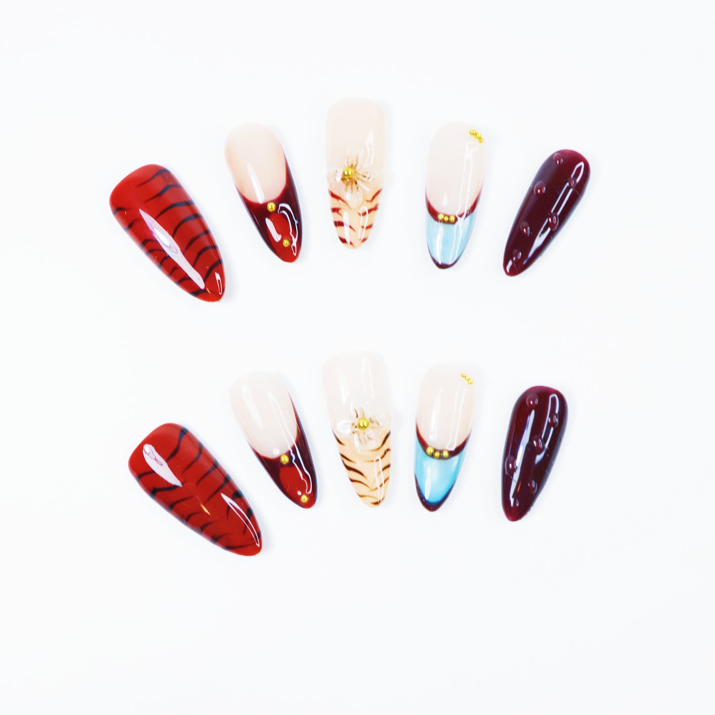 Red Tiger French Press-On Nails – Chic Gradient Nail Set with Blue Tips and 3D Floral Charm