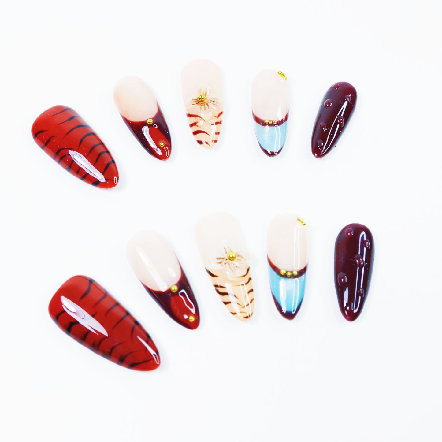 Red Tiger French Press-On Nails – Chic Gradient Nail Set with Blue Tips and 3D Floral Charm