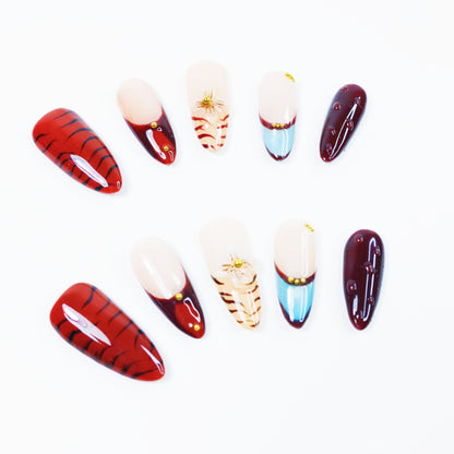 Red Tiger French Press-On Nails – Chic Gradient Nail Set with Blue Tips and 3D Floral Charm