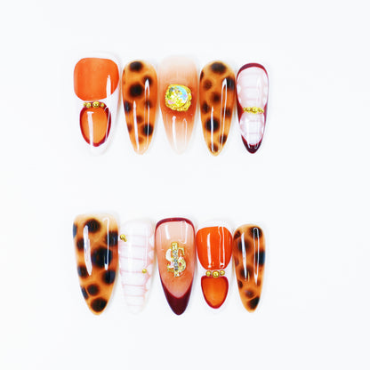 Amber Leopard Gradient Press-On Nails – Luxury Orange-Brown Nail Set with Rhinestone Accents