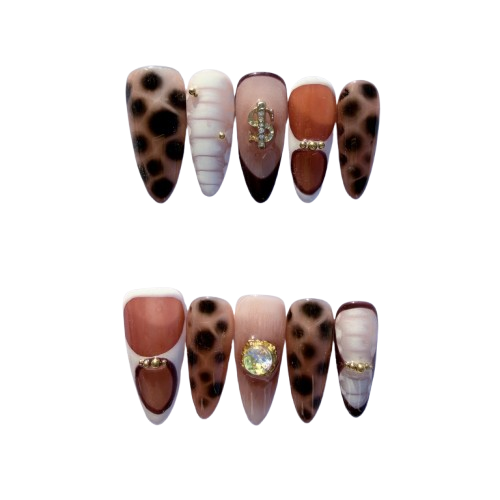 Amber Leopard Gradient Press-On Nails – Luxury Orange-Brown Nail Set with Rhinestone Accents