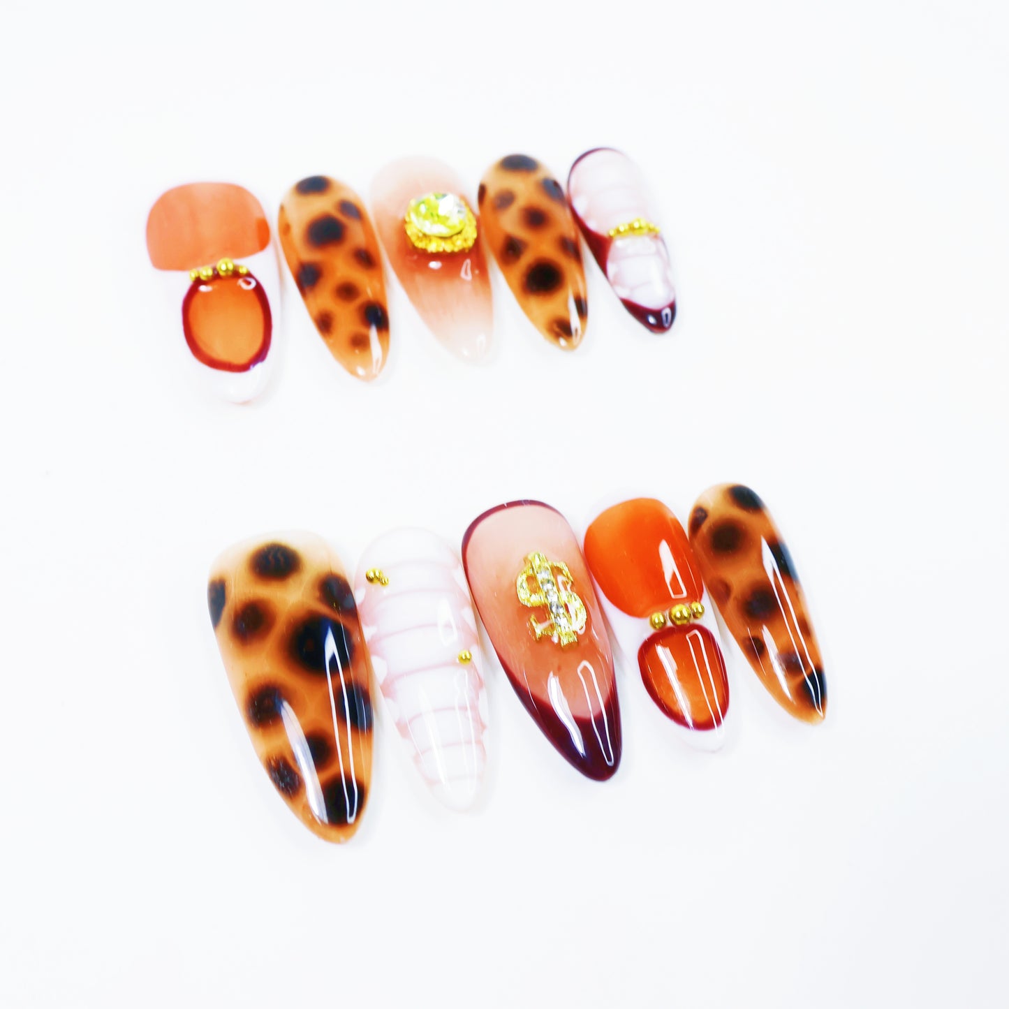 Amber Leopard Gradient Press-On Nails – Luxury Orange-Brown Nail Set with Rhinestone Accents