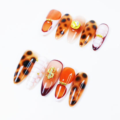 Amber Leopard Gradient Press-On Nails – Luxury Orange-Brown Nail Set with Rhinestone Accents