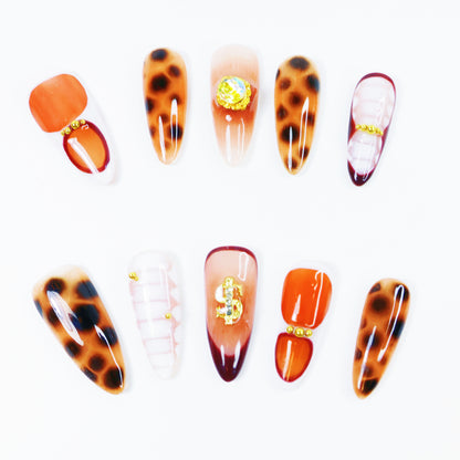 Amber Leopard Gradient Press-On Nails – Luxury Orange-Brown Nail Set with Rhinestone Accents