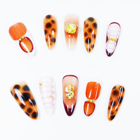 Amber Leopard Gradient Press-On Nails – Luxury Orange-Brown Nail Set with Rhinestone Accents