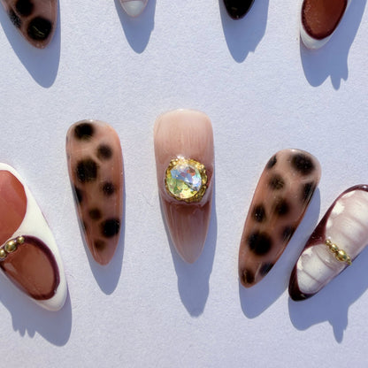 Amber Leopard Gradient Press-On Nails – Luxury Orange-Brown Nail Set with Rhinestone Accents