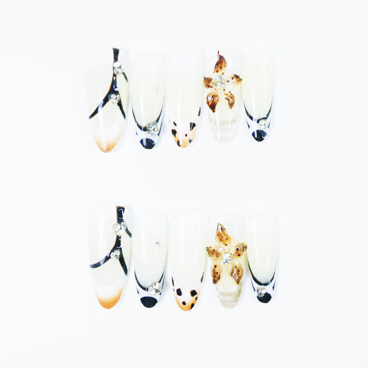 Black & White French Press-On Nails – Elegant Leopard Accent Nail Set with 3D Floral and Rhinestone Details