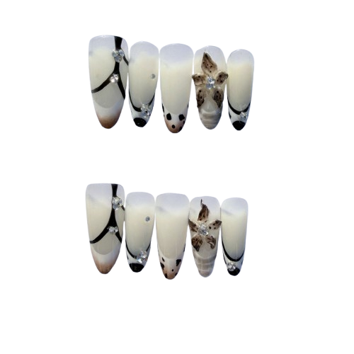 Black & White French Press-On Nails – Elegant Leopard Accent Nail Set with 3D Floral and Rhinestone Details