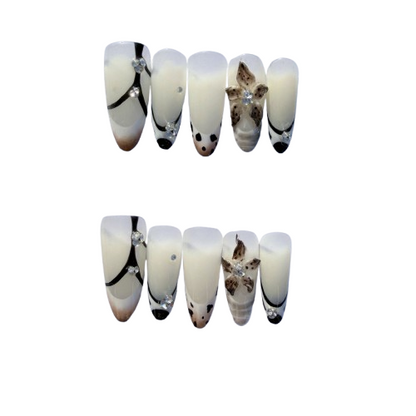 Black & White French Press-On Nails – Elegant Leopard Accent Nail Set with 3D Floral and Rhinestone Details