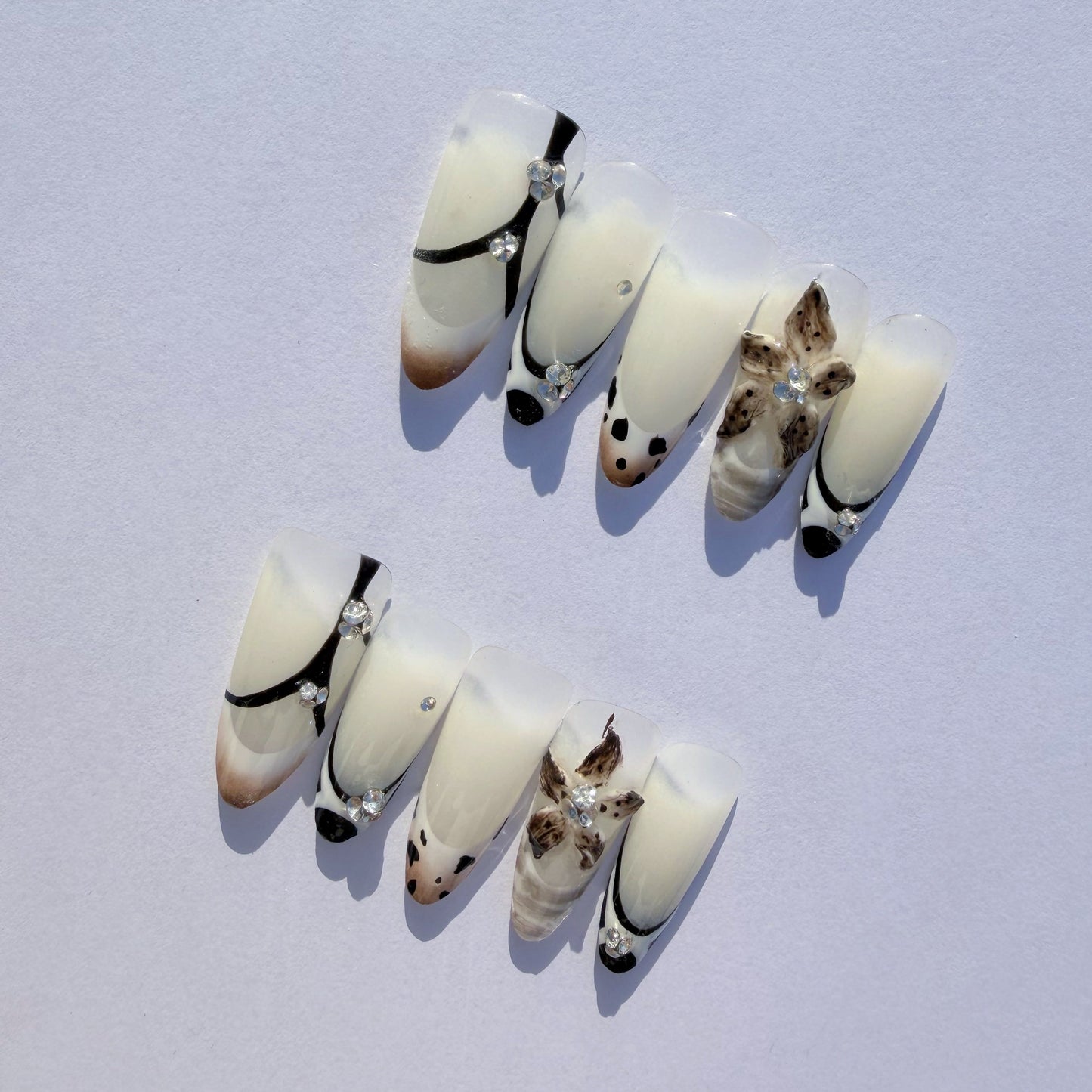 Black & White French Press-On Nails – Elegant Leopard Accent Nail Set with 3D Floral and Rhinestone Details