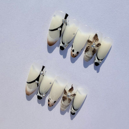 Black & White French Press-On Nails – Elegant Leopard Accent Nail Set with 3D Floral and Rhinestone Details