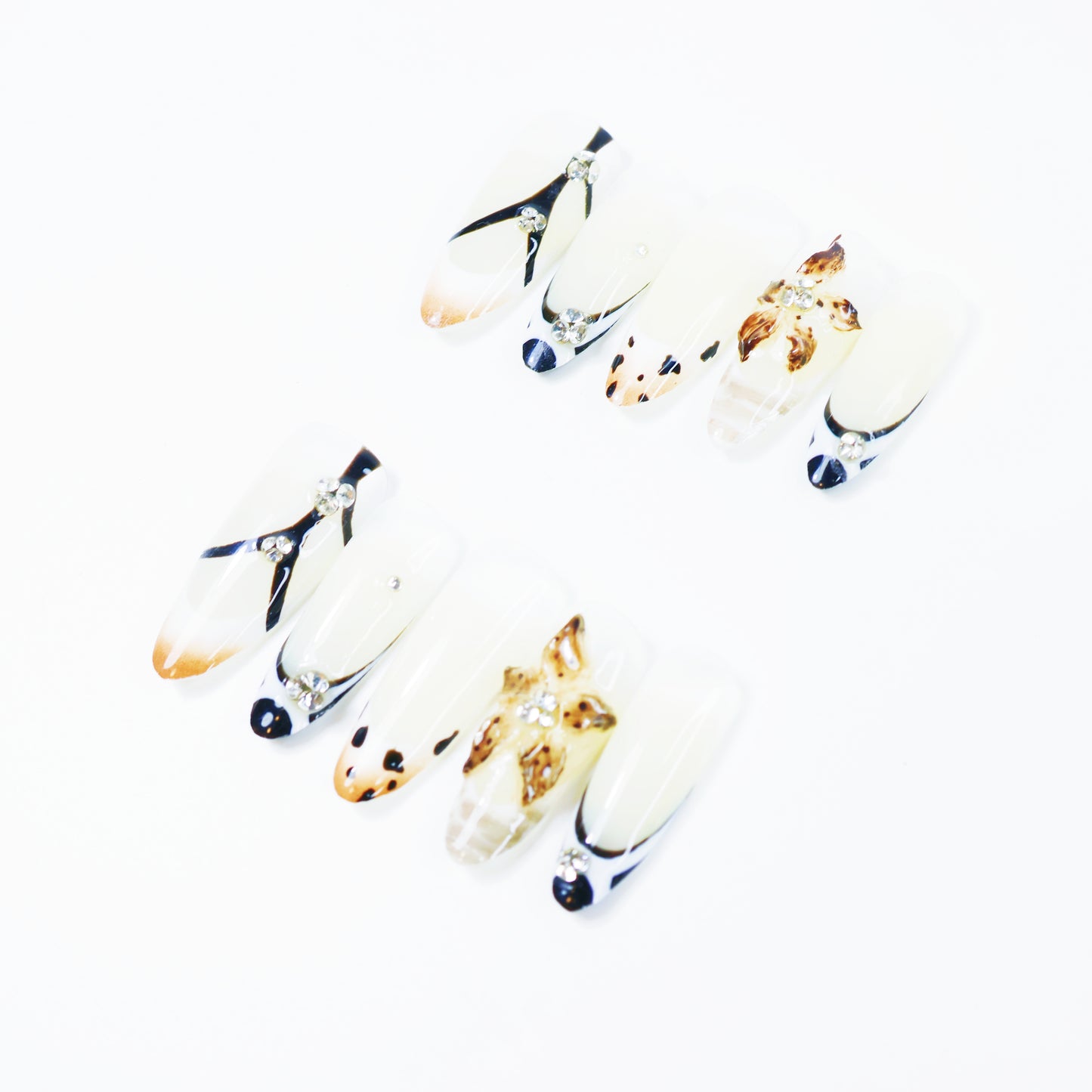 Black & White French Press-On Nails – Elegant Leopard Accent Nail Set with 3D Floral and Rhinestone Details