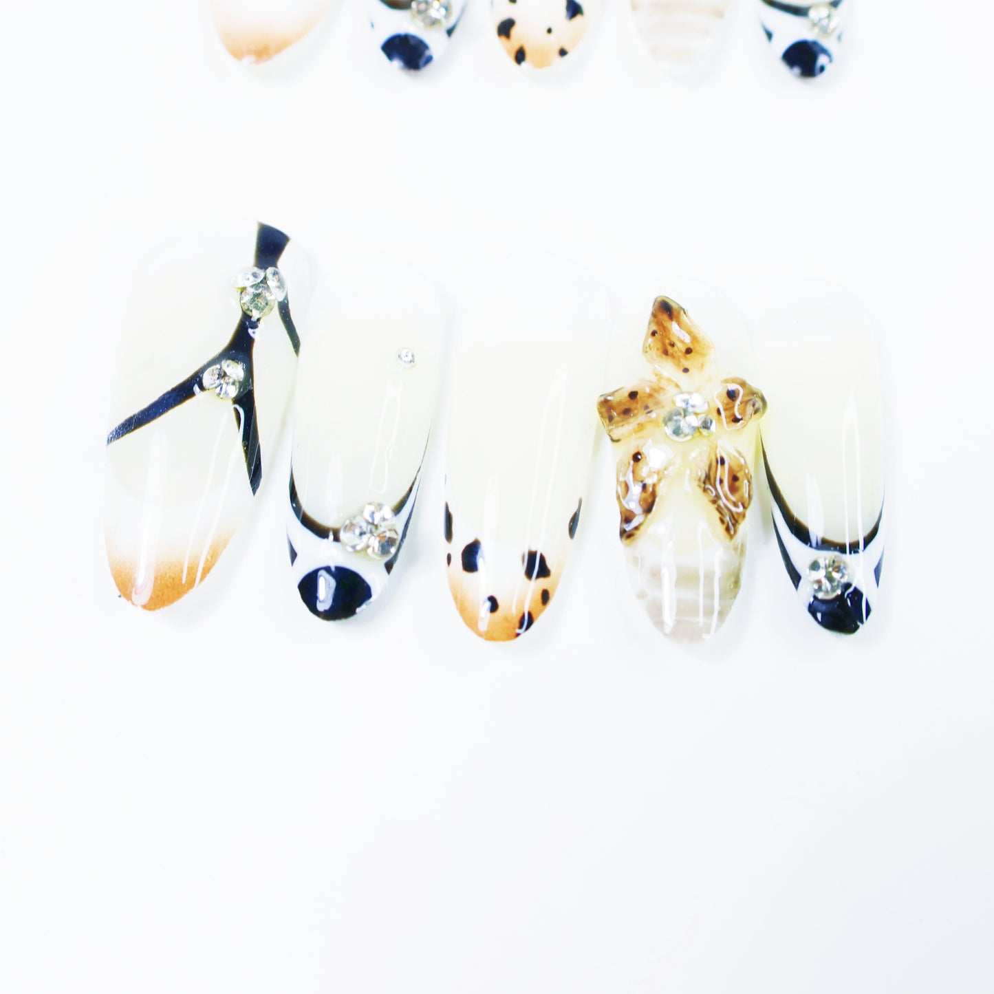 Black & White French Press-On Nails – Elegant Leopard Accent Nail Set with 3D Floral and Rhinestone Details