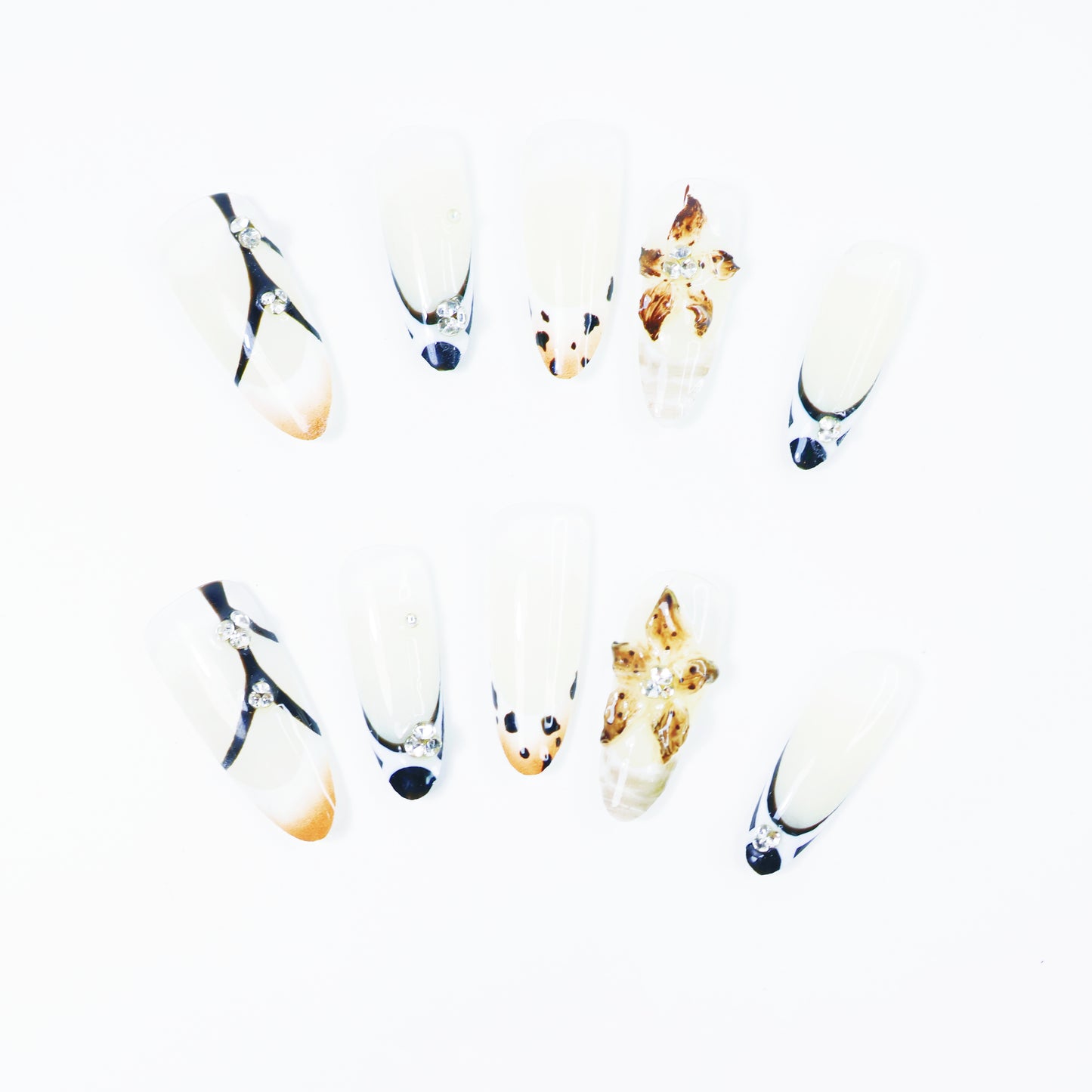 Black & White French Press-On Nails – Elegant Leopard Accent Nail Set with 3D Floral and Rhinestone Details