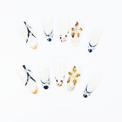 Black & White French Press-On Nails – Elegant Leopard Accent Nail Set with 3D Floral and Rhinestone Details