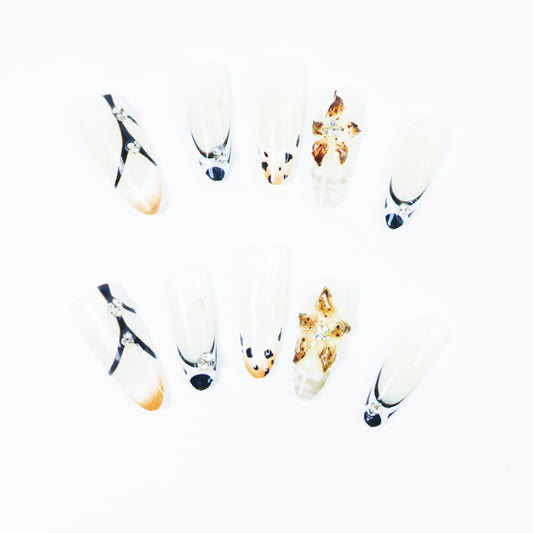 Black & White French Press-On Nails – Elegant Leopard Accent Nail Set with 3D Floral and Rhinestone Details