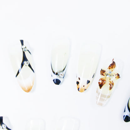Black & White French Press-On Nails – Elegant Leopard Accent Nail Set with 3D Floral and Rhinestone Details