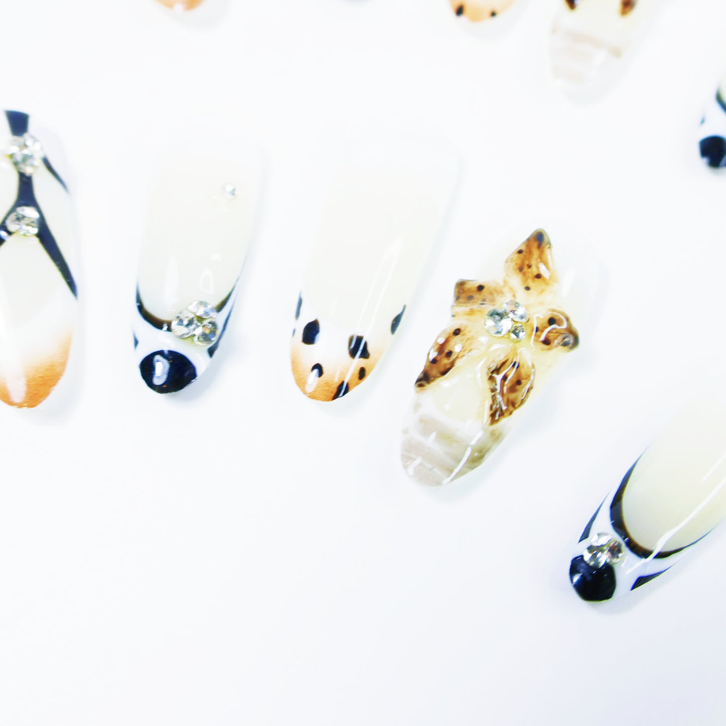 Black & White French Press-On Nails – Elegant Leopard Accent Nail Set with 3D Floral and Rhinestone Details