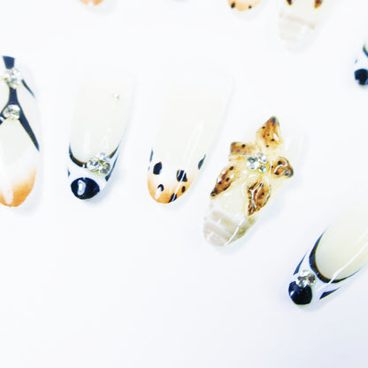 Black & White French Press-On Nails – Elegant Leopard Accent Nail Set with 3D Floral and Rhinestone Details