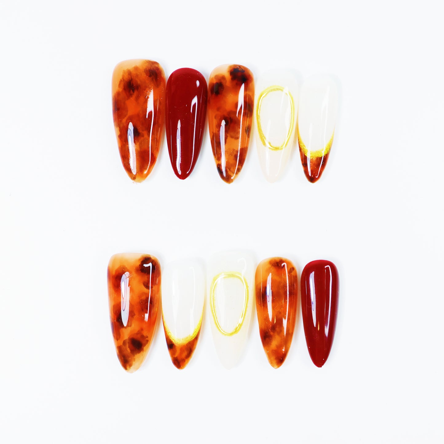 Amber Marble & Wine Red French Press-On Nails – Elegant Gold Outline Nail Set for Women