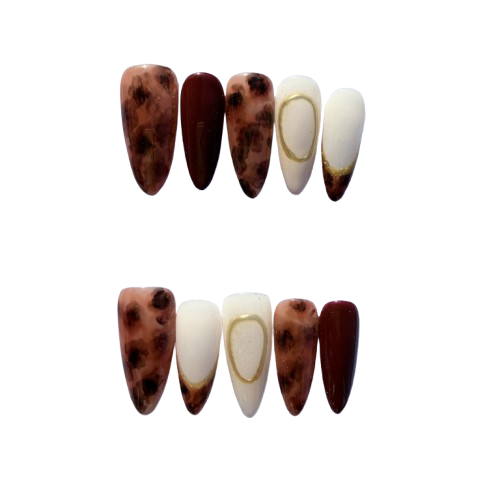 Amber Marble & Wine Red French Press-On Nails – Elegant Gold Outline Nail Set for Women
