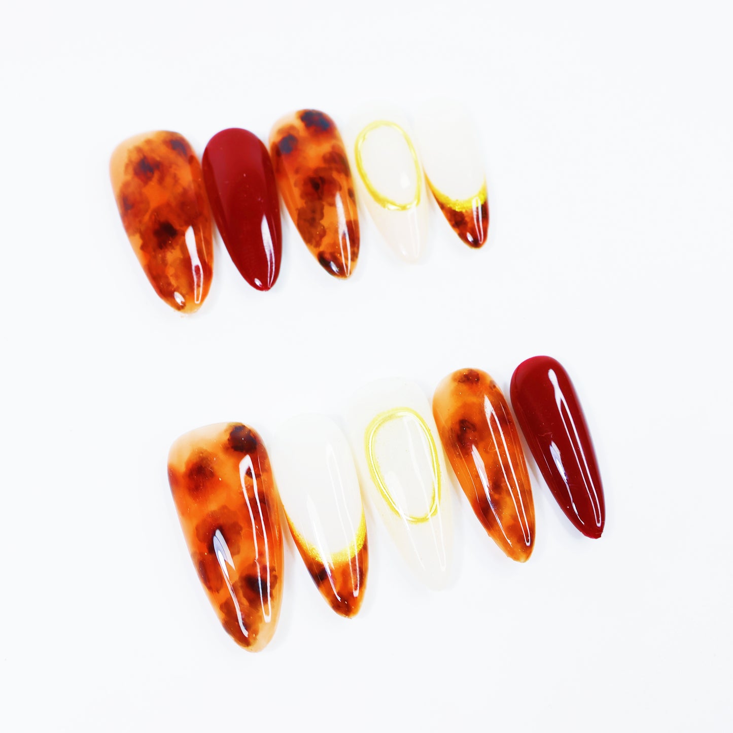 Amber Marble & Wine Red French Press-On Nails – Elegant Gold Outline Nail Set for Women