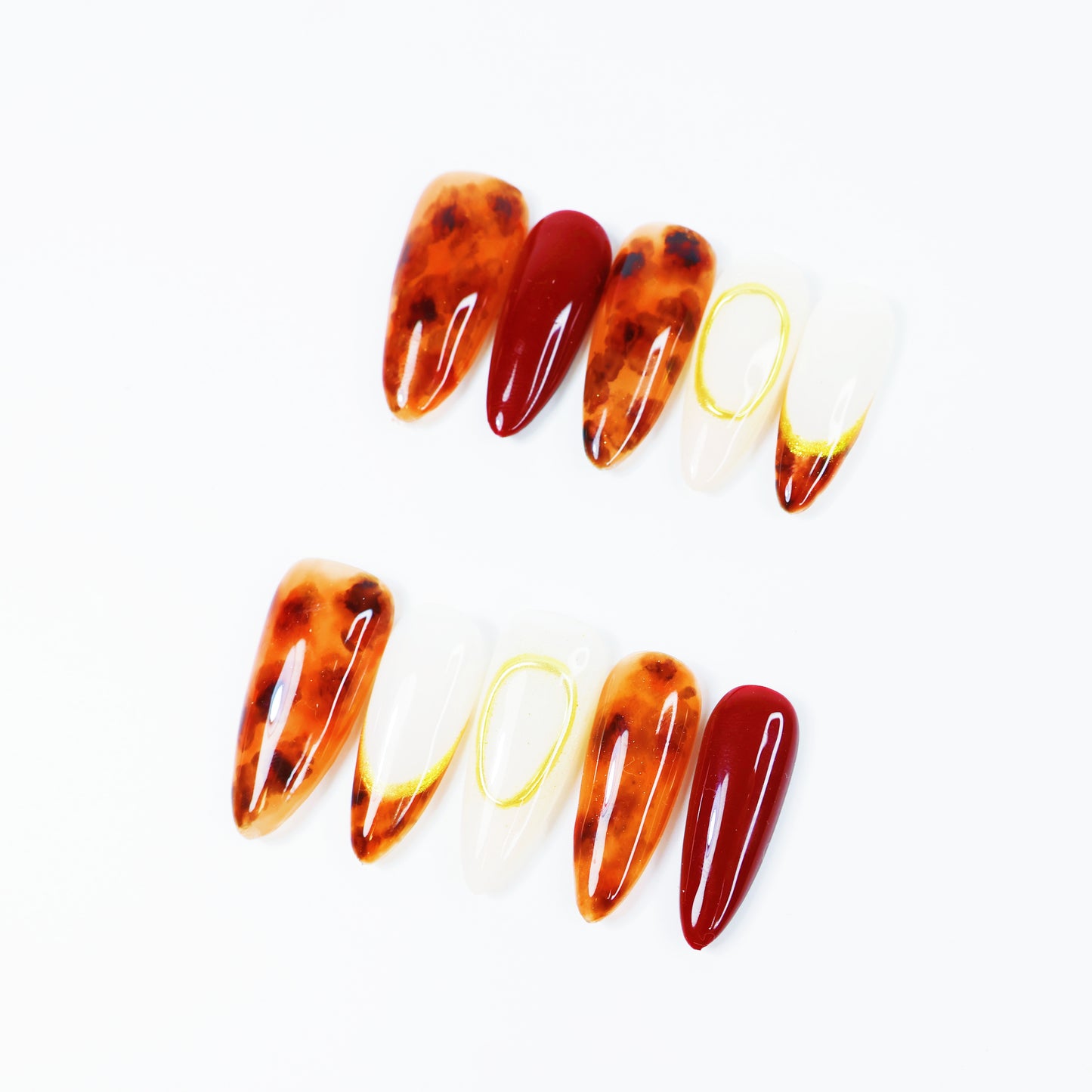 Amber Marble & Wine Red French Press-On Nails – Elegant Gold Outline Nail Set for Women