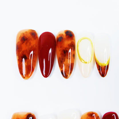 Amber Marble & Wine Red French Press-On Nails – Elegant Gold Outline Nail Set for Women