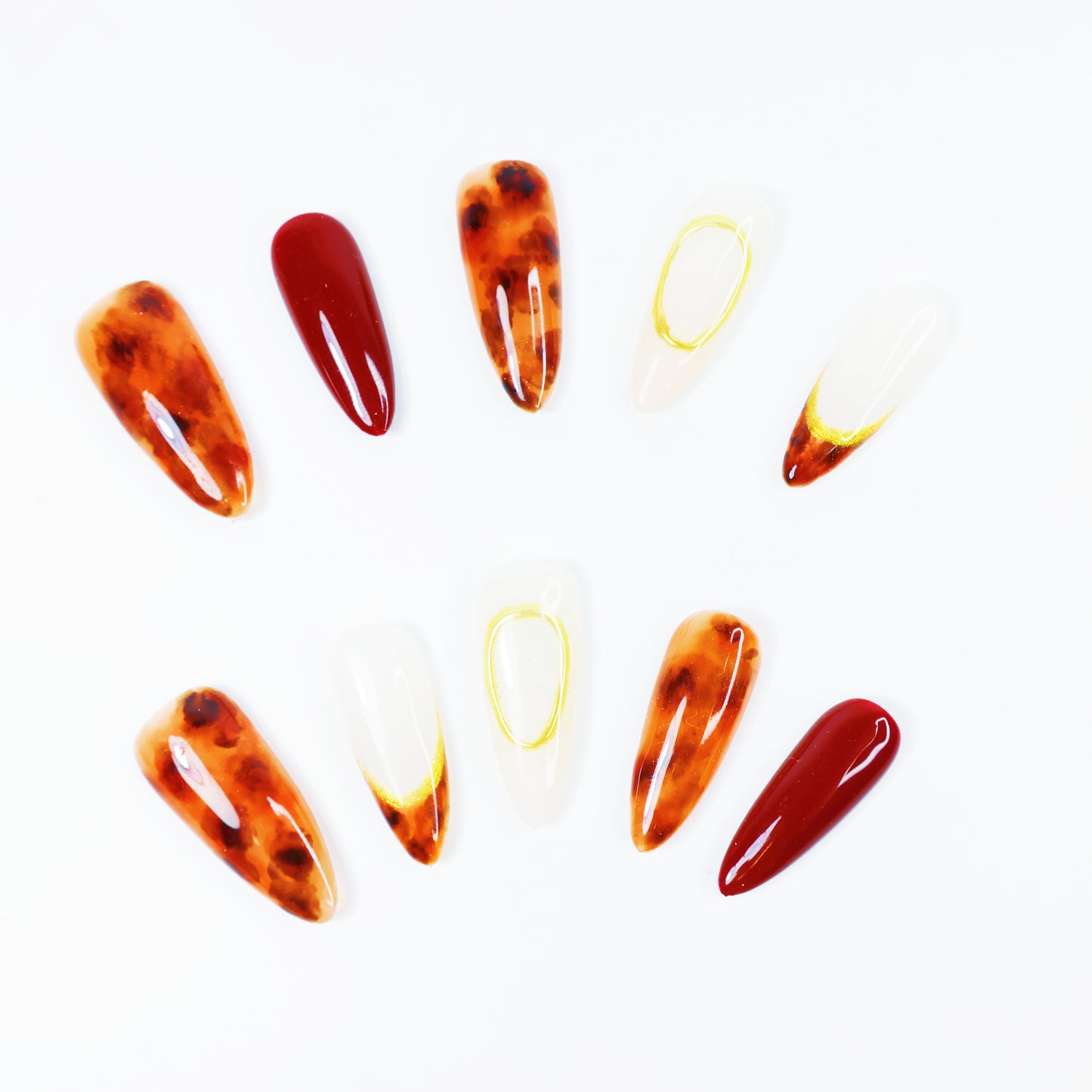 Amber Marble & Wine Red French Press-On Nails – Elegant Gold Outline Nail Set for Women