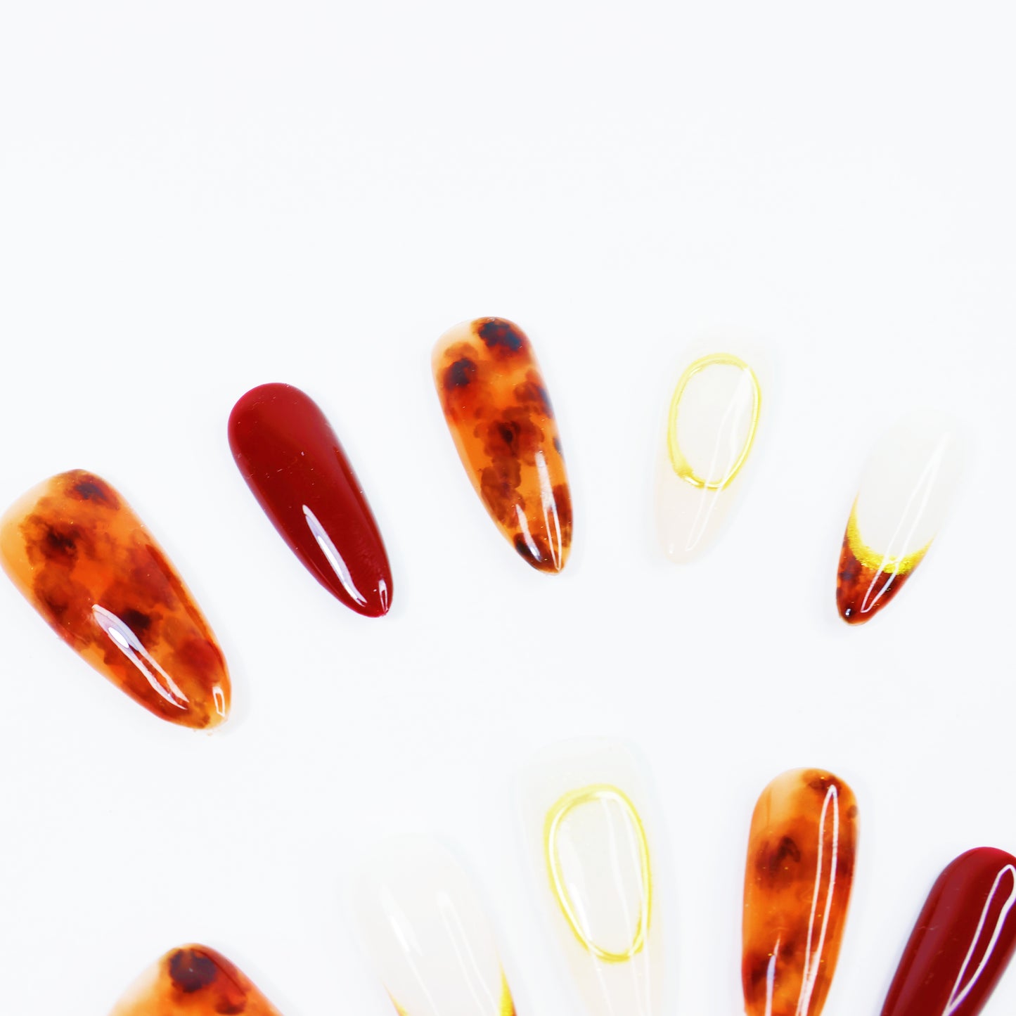 Amber Marble & Wine Red French Press-On Nails – Elegant Gold Outline Nail Set for Women